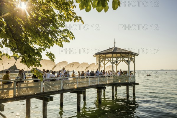 Lake pavilion with bar on the promenade, sunset, Bregenz, Lake Constance, Vorarlberg, Austria