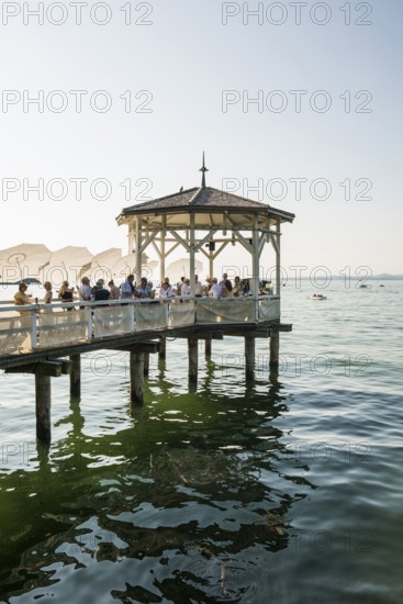 Lake pavilion with bar on the promenade, sunset, Bregenz, Lake Constance, Vorarlberg, Austria