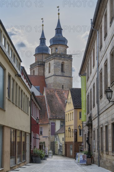 Alley in the old town, church towers, Holy Trinity, city church, Bayreuth, Upper Franconia, Franconia, Bavaria, Germany