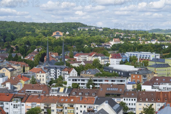 View of the city from the new town hall, the festival hill with the festival house in the back, Bayreuth, Upper Franconia, Franconia, Bavaria, Germany