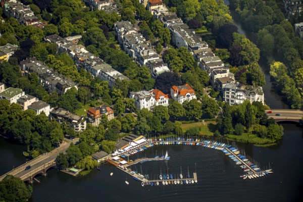 Outer Alster with villa district and marina distant view, Alster jetty Bobby Reich, Hamburg, Free and Hanseatic City of Hamburg, Germany, Europe, aerial view, birds-eyes view, aerial photography, aerial photography, overview, overview, bird's eye view