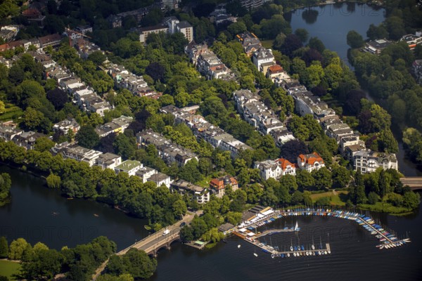 Outer Alster with villa district and marina distant view, Alster jetty Bobby Reich, Hamburg, Free and Hanseatic City of Hamburg, Germany, Europe, aerial view, birds-eyes view, aerial photography, aerial photography, overview, overview, bird's eye view