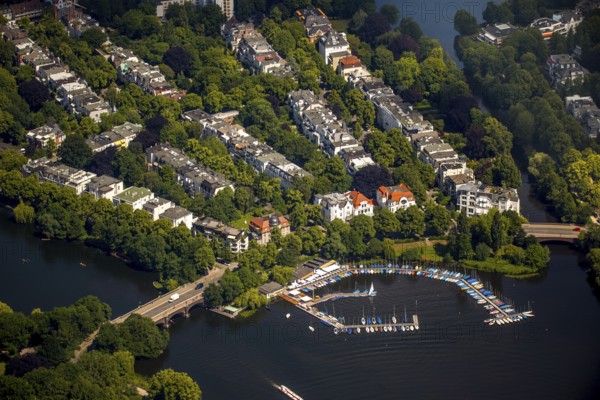 Outer Alster with villa district and marina distant view, Alster jetty Bobby Reich, Hamburg, Free and Hanseatic City of Hamburg, Hamburg, Germany