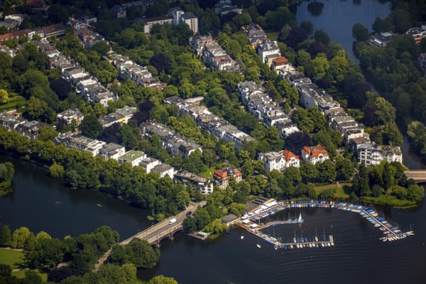 Outer Alster with villa district and marina distant view, Alster jetty Bobby Reich, Hamburg, Free and Hanseatic City of Hamburg, Hamburg, Germany