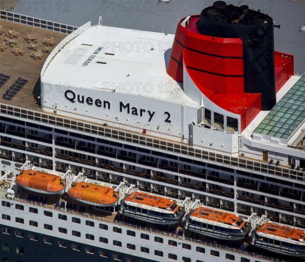 Superstructure with smokestack and lifeboats, cruise terminal, Unilever House cruise ship Queen Mary 2, Hamburg harbour, Elbe, Hamburg, Free and Hanseatic City of Hamburg, Germany, Europe, aerial view, birds-eyes view, aerial photography, aerial photography, overview, bird's eye view