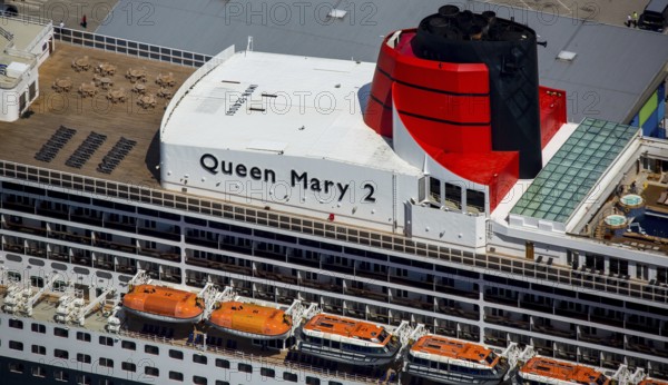 Superstructure with smokestack and lifeboats, cruise terminal, Unilever House cruise ship Queen Mary 2, Hamburg harbour, Elbe, Hamburg, Free and Hanseatic City of Hamburg, Germany, Europe, aerial view, birds-eyes view, aerial photography, aerial photography, overview, bird's eye view