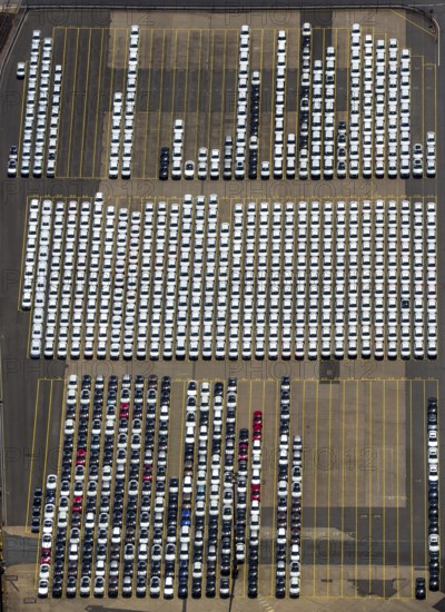 New car loading at Hansahafen, Unikai in Hamburg harbour, Hamburg harbour, Elbe, Hamburg, Free and Hanseatic City of Hamburg, Germany, Europe, aerial view, birds-eyes view, aerial photography, aerial photography, overview, bird's eye view