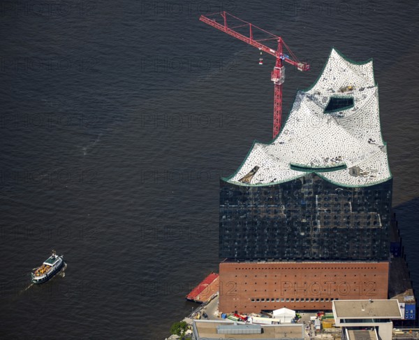 Roof construction of the Elbphilharmony, concert hall in the HafenCity in Hamburg, Elbphilharmonie with Hafencity, Speicherstadt, UNESCO World Heritage Site, Hamburg harbour, Elbe, Hamburg, Free and Hanseatic City of Hamburg, Germany, Europe, aerial view, birds-eyes view, aerial photography, aerial photography, overview, bird's eye view