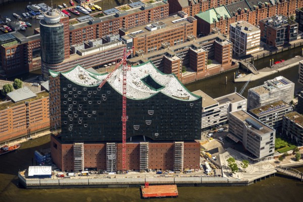 Roof construction of the Elbphilharmony, concert hall in the HafenCity in Hamburg, Elbphilharmonie with Hafencity, Speicherstadt, UNESCO World Heritage Site, Hamburg harbour, Elbe, Hamburg, Free and Hanseatic City of Hamburg, Germany, Europe, aerial view, birds-eyes view, aerial photography, aerial photography, overview, bird's eye view