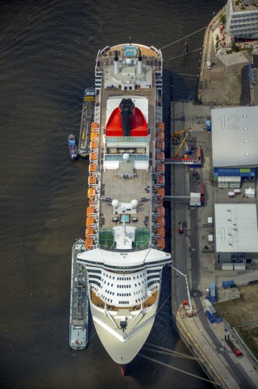 Cruise terminal, Unilever House cruise ship Queen Mary 2, Hamburg harbour, Elbe, Hamburg, Free and Hanseatic City of Hamburg, Germany, Europe, aerial view, birds-eyes view, aerial photography, aerial photography, overview, bird's eye view