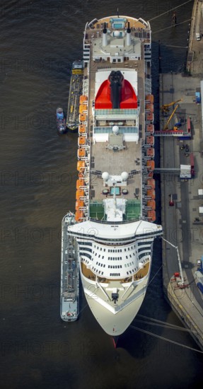 Cruise terminal, Unilever House cruise ship Queen Mary 2, Hamburg harbour, Elbe, Hamburg, Free and Hanseatic City of Hamburg, Germany, Europe, aerial view, birds-eyes view, aerial photography, aerial photography, overview, bird's eye view
