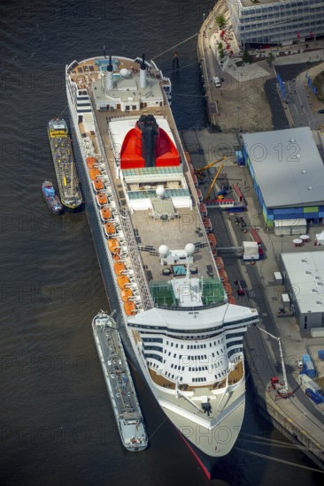 Cruise terminal, Unilever House cruise ship Queen Mary 2, Hamburg harbour, Elbe, Hamburg, Free and Hanseatic City of Hamburg, Germany, Europe, aerial view, birds-eyes view, aerial photography, aerial photography, overview, bird's eye view