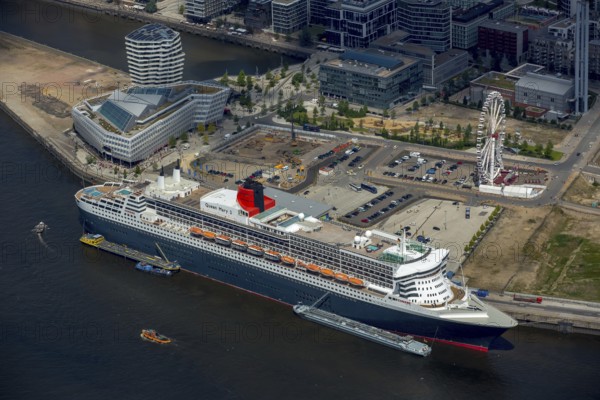 Cruise terminal, Unilever House cruise ship Queen Mary 2, Hamburg harbour, Elbe, Hamburg, Free and Hanseatic City of Hamburg, Germany, Europe, aerial view, birds-eyes view, aerial photography, aerial photography, overview, bird's eye view
