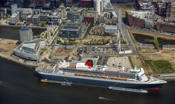 Cruise terminal, Unilever House cruise ship Queen Mary 2, Hamburg harbour, Elbe, Hamburg, Free and Hanseatic City of Hamburg, Germany, Europe, aerial view, birds-eyes view, aerial photography, aerial photography, overview, bird's eye view