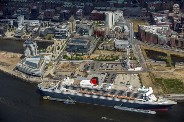 Cruise terminal, Unilever House cruise ship Queen Mary 2, Hamburg harbour, Elbe, Hamburg, Free and Hanseatic City of Hamburg, Germany, Europe, aerial view, birds-eyes view, aerial photography, aerial photography, overview, bird's eye view
