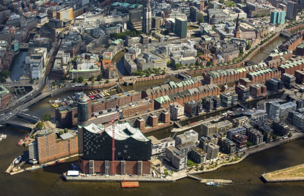 Elbphilharmonie with Hafencity, Speicherstadt, UNESCO World Heritage Site, Hamburg harbour, Elbe, Hamburg, Free and Hanseatic City of Hamburg, Germany, Europe, aerial view, birds-eyes view, aerial photography, aerial photography, overview, bird's eye view