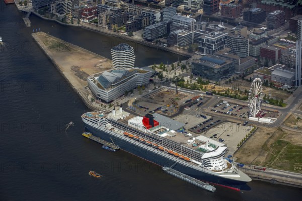 Cruise terminal, Unilever House cruise ship Queen Mary 2, Hamburg harbour, Elbe, Hamburg, Free and Hanseatic City of Hamburg, Germany, Europe, aerial view, birds-eyes view, aerial photography, aerial photography, overview, bird's eye view
