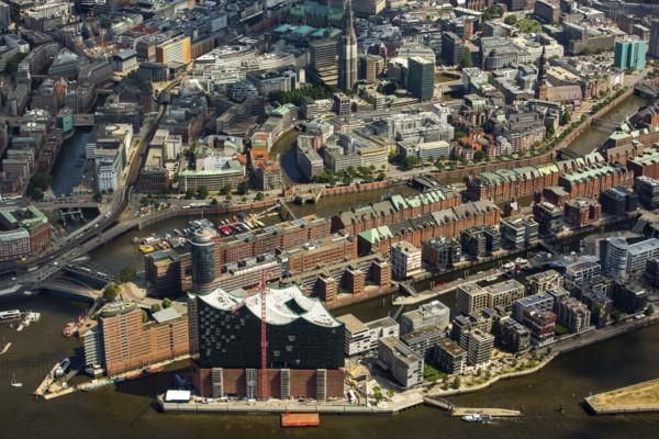 Elbphilharmonie with Hafencity, Speicherstadt, UNESCO World Heritage Site, Hamburg harbour, Elbe, Hamburg, Free and Hanseatic City of Hamburg, Germany, Europe, aerial view, birds-eyes view, aerial photography, aerial photography, overview, bird's eye view