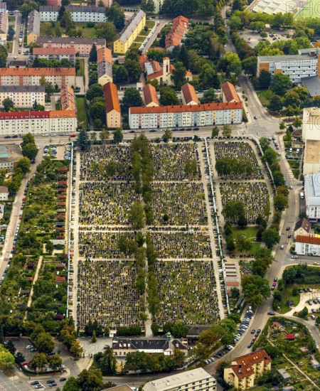 Cemetery Regensburg, Upper Catholic Cemetery Regensburg, row graves, military graves, Regensburg, independent city in Eastern Bavaria, Bavaria, Germany, Europe, aerial view, birds-eyes view, aerial photography, aerial photography, aerial photography, overview, bird's eye view