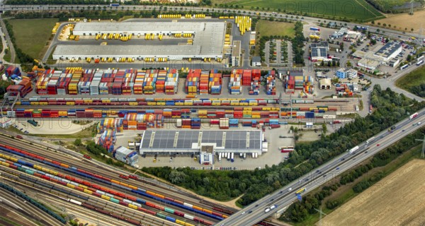 Container terminal Regensburg, transhipment station Regensburg, container gantry cranes, logistics, transport, Regensburg, independent city in Eastern Bavaria, Bavaria, Germany, Europe, aerial view, birds-eyes view, aerial photography, aerial photography, aerial photography, overview, bird's eye view