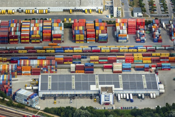 Container terminal Regensburg, transhipment station Regensburg, container gantry cranes, logistics, transport, Regensburg, independent city in Eastern Bavaria, Bavaria, Germany, Europe, aerial view, birds-eyes view, aerial photography, aerial photography, aerial photography, overview, bird's eye view