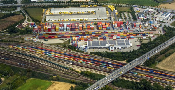 Container terminal Regensburg, transhipment station Regensburg, container gantry cranes, logistics, transport, Regensburg, independent city in Eastern Bavaria, Bavaria, Germany, Europe, aerial view, birds-eyes view, aerial photography, aerial photography, aerial photography, overview, bird's eye view