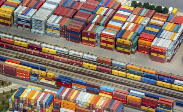 Container terminal Regensburg, transhipment station Regensburg, container gantry cranes, logistics, transport, Regensburg, independent city in Eastern Bavaria, Bavaria, Germany, Europe, aerial view, birds-eyes view, aerial photography, aerial photography, aerial photography, overview, bird's eye view
