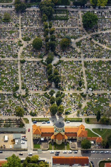 Cemetery Regensburg, Upper Catholic Cemetery Regensburg, row graves, military graves, Regensburg, independent city in Eastern Bavaria, Bavaria, Germany, Europe, aerial view, birds-eyes view, aerial photography, aerial photography, aerial photography, overview, bird's eye view