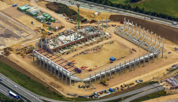 Arena Regensburg under construction, as of July 2014, Regensburg, independent city in Eastern Bavaria, Bavaria, Germany, Europe, aerial view, birds-eyes view, aerial photography, aerial photography, overview, overview, bird's eye view