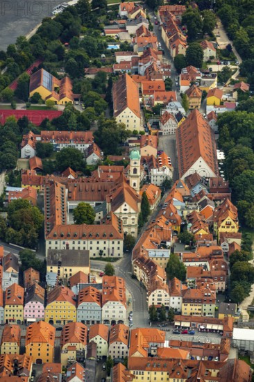 Giebelhausensembel Stadtamhof and St.Mang Church with College of Catholic Church Music and Music Education, Regensburg, independent city in Eastern Bavaria, Bavaria, Germany, Europe, aerial view, birds-eyes view, aerial photography, aerial photography, overview, bird's eye view