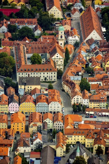 Giebelhausensembel Stadtamhof and St.Mang Church with College of Catholic Church Music and Music Education, Regensburg, independent city in Eastern Bavaria, Bavaria, Germany, Europe, aerial view, birds-eyes view, aerial photography, aerial photography, overview, bird's eye view