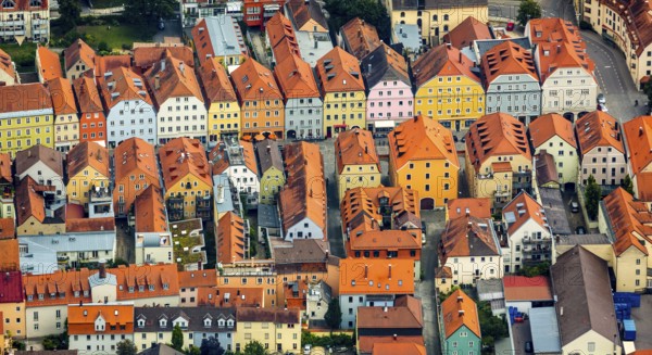 Giebelhausensembel Stadtamhof and St.Mang Church with College of Catholic Church Music and Music Education, Regensburg, independent city in Eastern Bavaria, Bavaria, Germany, Europe, aerial view, birds-eyes view, aerial photography, aerial photography, overview, bird's eye view