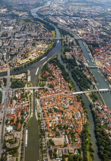 Confluence of the rivers Regen and Danube with Danube Island, Regensburg, independent city in Eastern Bavaria, Bavaria, Germany, Europe, aerial view, birds-eyes view, aerial photography, aerial photography, overview, bird's eye view