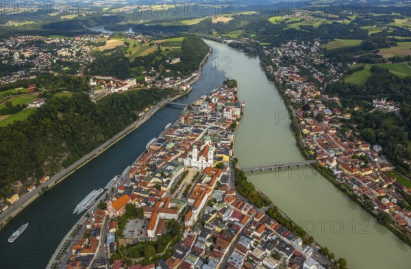 Old town of Passau with St Stephen's Cathedral on the cathedral square as the seat of the Bishop of Passau, confluence of the three rivers Danube, Inn and Ilz, Passau, independent university town in the administrative district of Lower Bavaria in Eastern Bavaria, Bavaria, Germany, Europe, aerial view, birds-eyes view, aerial photography, aerial photography, overview, overview, bird's eye view