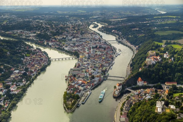 Old town of Passau with St Stephen's Cathedral on the cathedral square as the seat of the Bishop of Passau, confluence of the three rivers Danube, Inn and Ilz, Passau, independent university town in the administrative district of Lower Bavaria in Eastern Bavaria, Bavaria, Germany, Europe, aerial view, birds-eyes view, aerial photography, aerial photography, overview, overview, bird's eye view