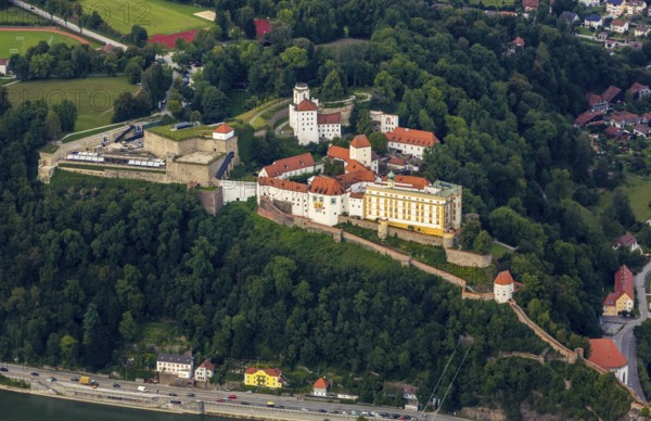 Veste Oberhaus, Passau, independent university town in the administrative district of Lower Bavaria in Eastern Bavaria, Bavaria, Germany, Europe, aerial view, birds-eyes view, aerial photography, aerial photography, overview, overview, bird's eye view