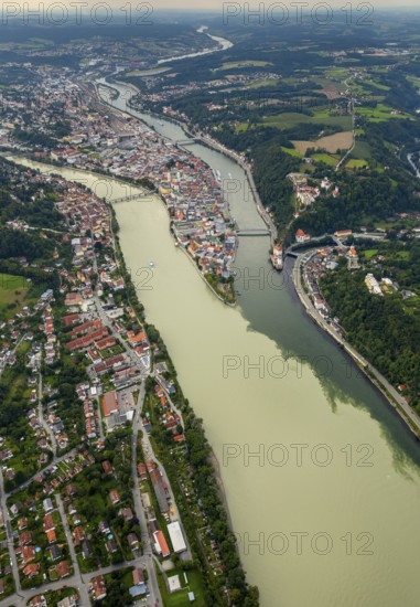 Confluence of the three rivers Danube, Inn and Ilz, Passau, independent university town in the administrative district of Lower Bavaria in Eastern Bavaria, Bavaria, Germany, Europe, aerial photograph, birds-eyes view, aerial photography, aerial photography, aerial photography, overview, bird's eye view