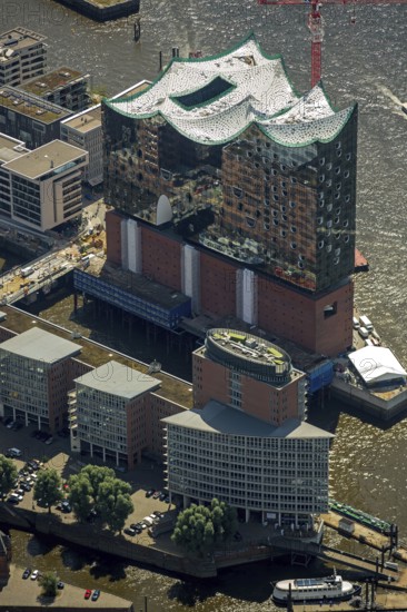 Roof construction of the Elbphilharmony, concert hall in the HafenCity in Hamburg, Elbphilharmonie with Hafencity, Speicherstadt, UNESCO World Heritage Site, Hamburg harbour, Elbe, Hamburg, Free and Hanseatic City of Hamburg, Germany, Europe, aerial view, birds-eyes view, aerial photography, aerial photography, overview, bird's eye view