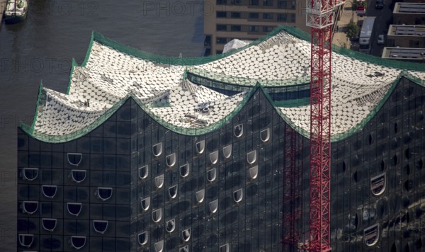 Roof construction of the Elbphilharmony, concert hall in the HafenCity in Hamburg, Elbphilharmonie with Hafencity, Speicherstadt, UNESCO World Heritage Site, Hamburg harbour, Elbe, Hamburg, Free and Hanseatic City of Hamburg, Germany, Europe, aerial view, birds-eyes view, aerial photography, aerial photography, overview, bird's eye view