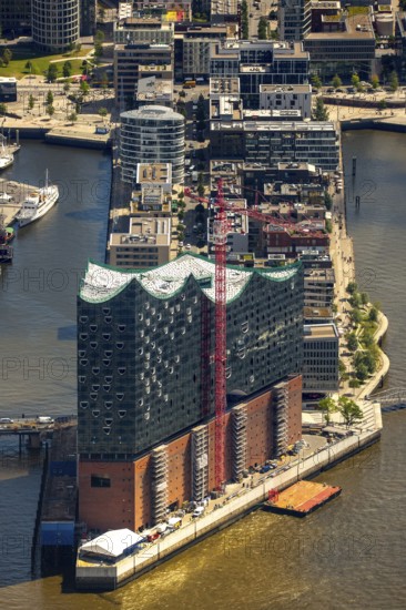 Elbphilharmonie with Hafencity, Speicherstadt, UNESCO World Heritage Site, Hamburg harbour, Elbe, Hamburg, Free and Hanseatic City of Hamburg, Germany, Europe, aerial view, birds-eyes view, aerial photography, aerial photography, overview, bird's eye view