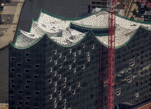 Roof construction of the Elbphilharmony, concert hall in the HafenCity in Hamburg, Elbphilharmonie with Hafencity, Speicherstadt, UNESCO World Heritage Site, Hamburg harbour, Elbe, Hamburg, Free and Hanseatic City of Hamburg, Germany, Europe, aerial view, birds-eyes view, aerial photography, aerial photography, overview, bird's eye view