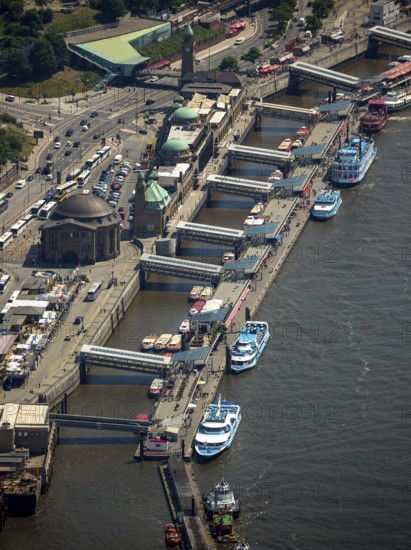Landungsbrücken, Hamburg harbour, Elbe, Hamburg, Free and Hanseatic City of Hamburg, Germany, Europe, aerial view, birds-eyes view, aerial photography, aerial photography, overview, bird's eye view