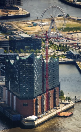 Elbphilharmonie with Hafencity, Speicherstadt, UNESCO World Heritage Site, Hamburg harbour, Elbe, Hamburg, Free and Hanseatic City of Hamburg, Germany, Europe, aerial view, birds-eyes view, aerial photography, aerial photography, overview, bird's eye view