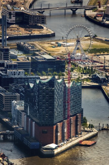 Elbphilharmonie with Hafencity, Speicherstadt, UNESCO World Heritage Site, Hamburg harbour, Elbe, Hamburg, Free and Hanseatic City of Hamburg, Germany, Europe, aerial view, birds-eyes view, aerial photography, aerial photography, overview, bird's eye view