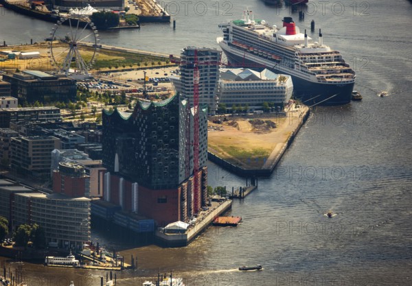 Elbphilharmonie with Hafencity, Speicherstadt, UNESCO World Heritage Site, cruise terminal, Unilever House cruise ship Queen Mary 2, Hamburg harbour, Elbe, Hamburg, Free and Hanseatic City of Hamburg, Germany, Europe, aerial view, birds-eyes view, aerial photography, aerial photography, overview, bird's eye view