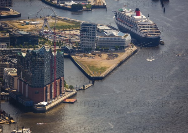 Elbphilharmonie with Hafencity, Speicherstadt, UNESCO World Heritage Site, cruise terminal, Unilever House cruise ship Queen Mary 2, Hamburg harbour, Elbe, Hamburg, Free and Hanseatic City of Hamburg, Germany, Europe, aerial view, birds-eyes view, aerial photography, aerial photography, overview, bird's eye view