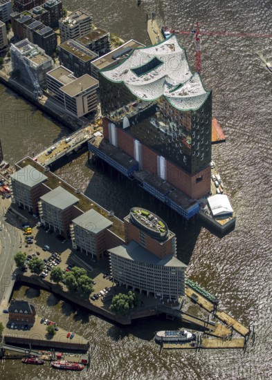 Roof construction of the Elbphilharmony, concert hall in the HafenCity in Hamburg, Elbphilharmonie with Hafencity, Speicherstadt, UNESCO World Heritage Site, Hamburg harbour, Elbe, Hamburg, Free and Hanseatic City of Hamburg, Germany, Europe, aerial view, birds-eyes view, aerial photography, aerial photography, overview, bird's eye view