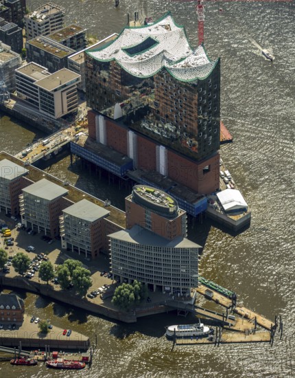 Roof construction of the Elbphilharmony, concert hall in the HafenCity in Hamburg, Elbphilharmonie with Hafencity, Speicherstadt, UNESCO World Heritage Site, Hamburg harbour, Elbe, Hamburg, Free and Hanseatic City of Hamburg, Germany, Europe, aerial view, birds-eyes view, aerial photography, aerial photography, overview, bird's eye view