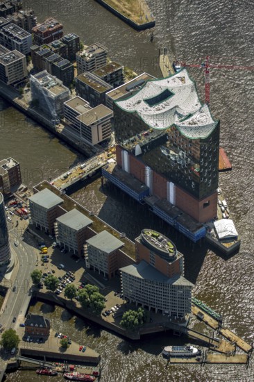 Roof construction of the Elbphilharmony, concert hall in the HafenCity in Hamburg, Elbphilharmonie with Hafencity, Speicherstadt, UNESCO World Heritage Site, Hamburg harbour, Elbe, Hamburg, Free and Hanseatic City of Hamburg, Germany, Europe, aerial view, birds-eyes view, aerial photography, aerial photography, overview, bird's eye view