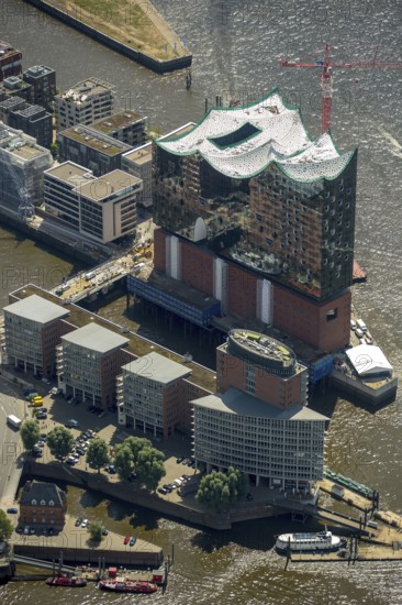 Roof construction of the Elbphilharmony, concert hall in the HafenCity in Hamburg, Elbphilharmonie with Hafencity, Speicherstadt, UNESCO World Heritage Site, Hamburg harbour, Elbe, Hamburg, Free and Hanseatic City of Hamburg, Germany, Europe, aerial view, birds-eyes view, aerial photography, aerial photography, overview, bird's eye view